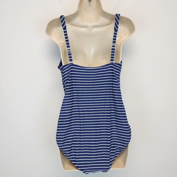 Niptuck One Piece Swim Suit Size 12 Blue White Striped Multi Fit Cup Ruched - Picture 2 of 10
